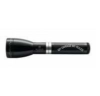 Gloss black ML150LRS rechargeable LED flashlight with My Garage My Rules engraving and textured grip.