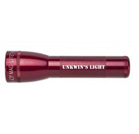 Red ML25LT two-cell C flashlight with UNKWIN'S LIGHT engraving along the body.