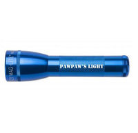 Blue ML25LT two-cell C flashlight with PAWPaw'S LIGHT engraving along the body.