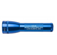 Blue ML25LT LED 2-Cell C flashlight with custom engraving Colin Merry Christmas 2025 Love Always Dad