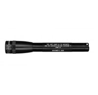 Black Mini Maglite Pro LED flashlight with engraved inscription along the body.