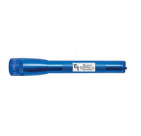 Blue Mini Maglite Pro LED flashlight with a white label sticker on the body
