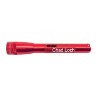Red Mini Maglite Pro LED flashlight with Chad Loch engraved on its body
