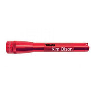 Red Mini Maglite Pro LED flashlight with Kim Olson engraved on the body