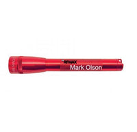 Red Mini Maglite Pro LED flashlight with Mark Olson engraved on the body