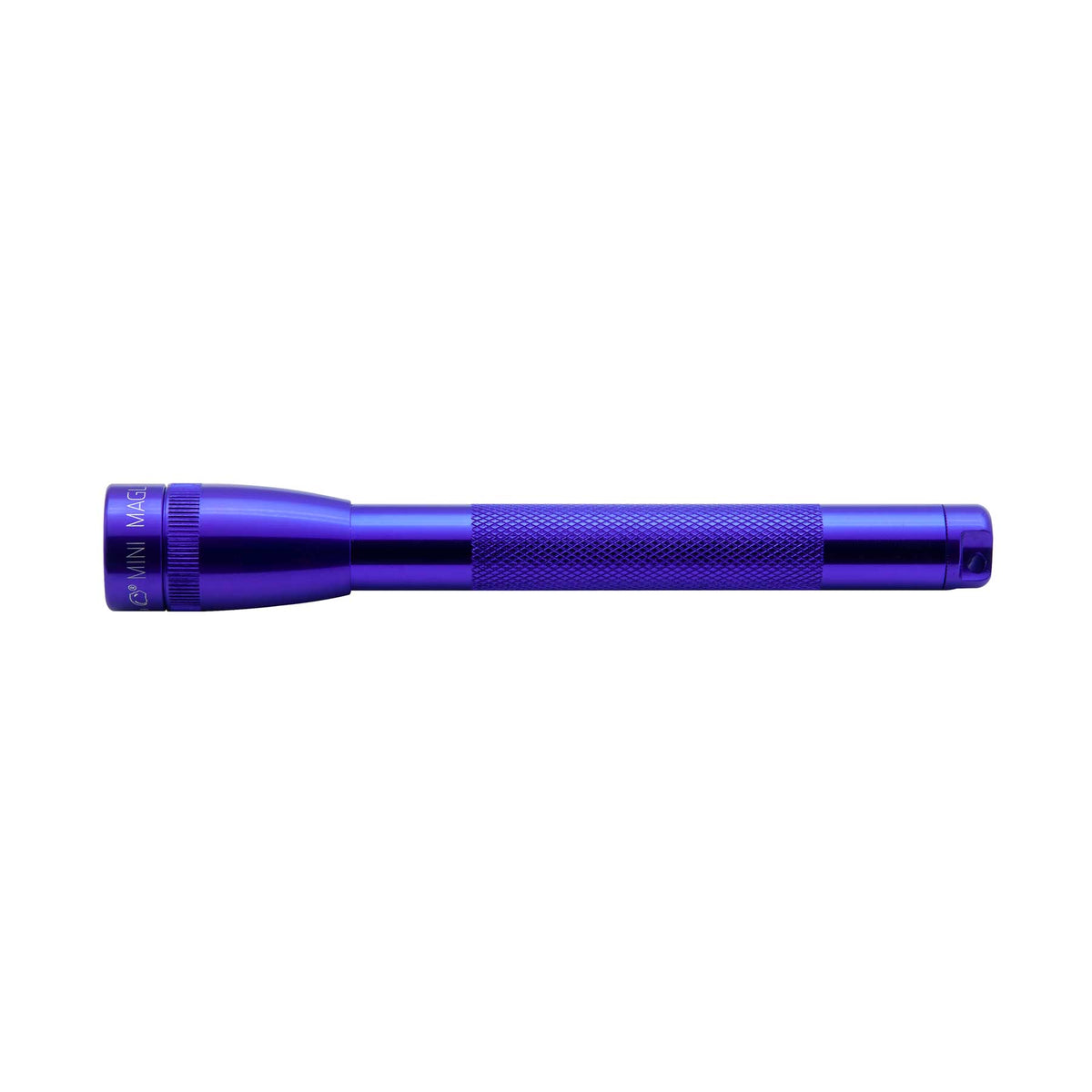 Purple Mini Maglite 2AAA Classic flashlight with knurled grip shown horizontally