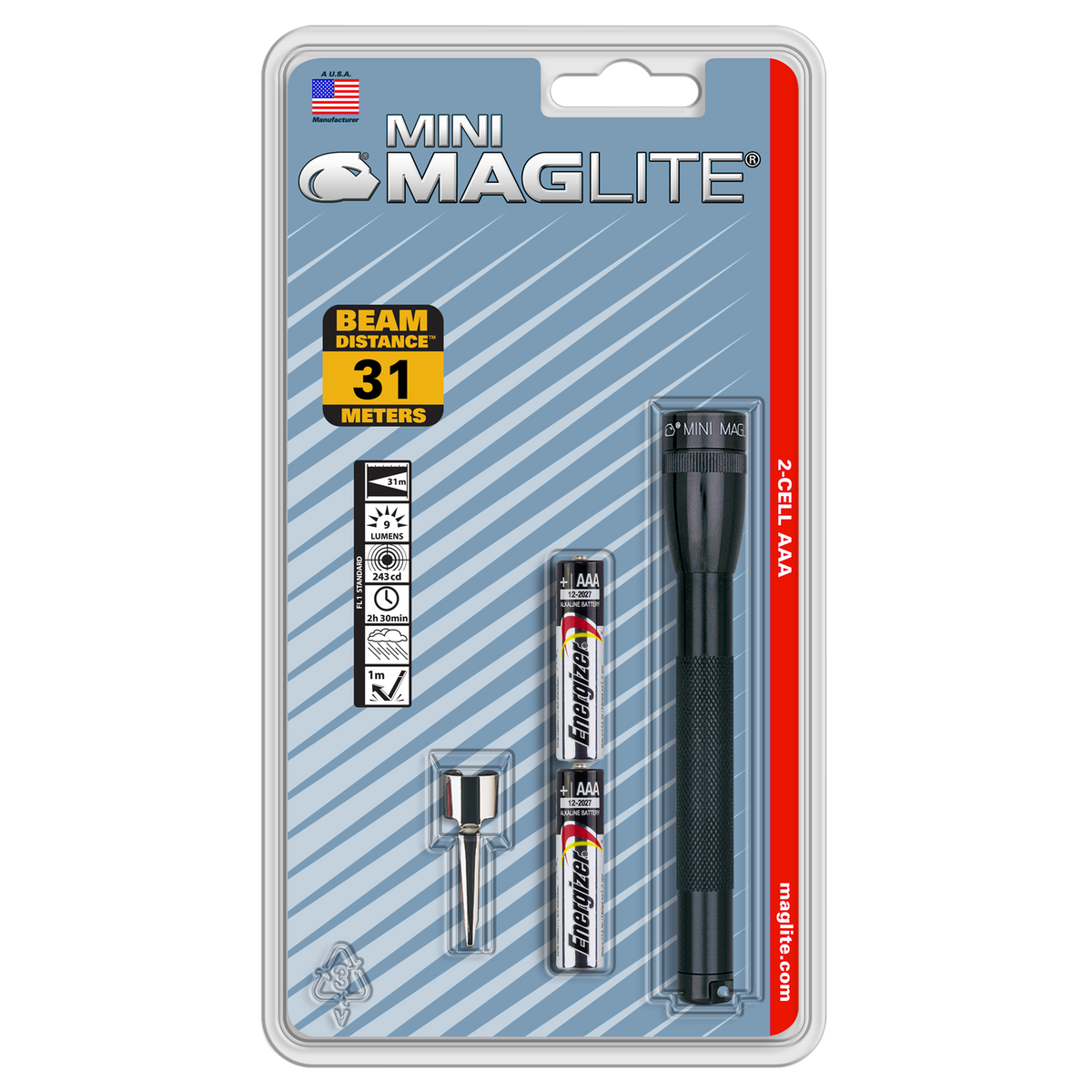 Mini Maglite 2AAA Classic Flashlight in blister packaging with batteries and accessories visible