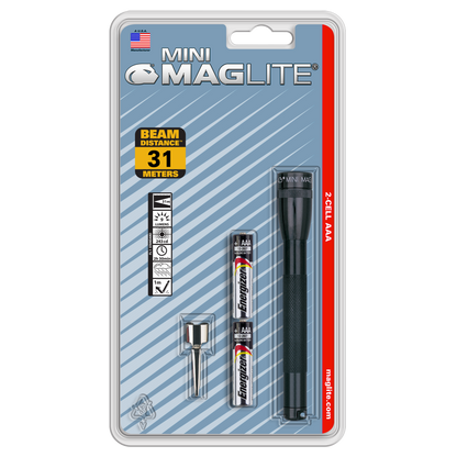 Mini Maglite 2AAA Classic Flashlight in blister packaging with batteries and accessories visible