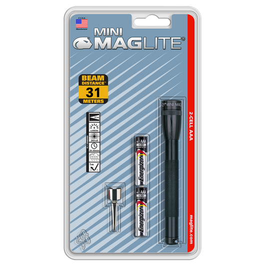 Mini Maglite 2AAA Classic Flashlight in blister packaging with batteries and accessories visible