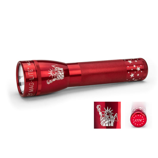 Red ML25LT LED 2-Cell C flashlight with Liberty Bell motif and star pattern, Limited Edition.
