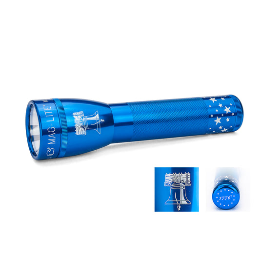 Blue ML25LT LED 2-Cell C flashlight with Liberty Bell motif and star pattern, Limited Edition.