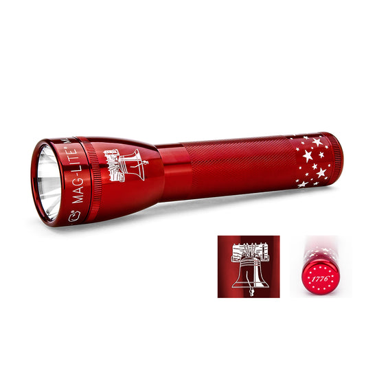 Red ML25LT LED 2-Cell C flashlight featuring Liberty Bell graphic and star motif, Limited Edition.