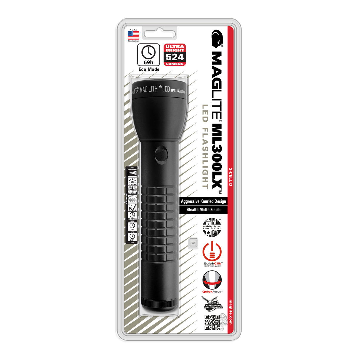 ML300LX flashlight blister pack close up showing rugged knurled grip and product graphics