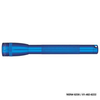 Blue Mini Maglite 2AAA classic flashlight shown in a long horizontal crop with a knurled grip at the bottom.