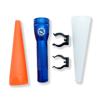 Blue Maglite ML25LT two cell flashlight shown with APA logo bundle and orange safety cone accessory