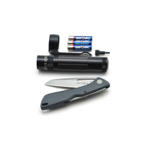 Maglite XL50 LED flashlight bundled with four Rayovac High Energy batteries and a Gerber Sharkbelly knife.