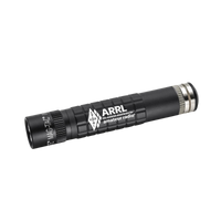 Mag-TAC LED rechargeable flashlight with ARRL branding and plain bezel angled on a black background
