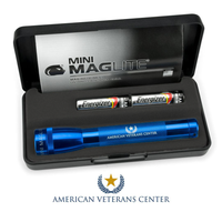 Red Mini Maglite flashlight with American Veterans Center branding in a black case along with two Energizer AA batteries and the American Veterans Center logo.