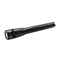 Mini Maglite Pro LED flashlight in black with a knurled grip, shown diagonally across a black background.