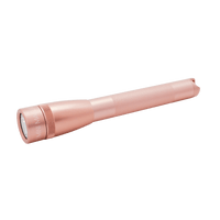 Pink Mini Maglite Pro LED flashlight with knurled grip on a black background