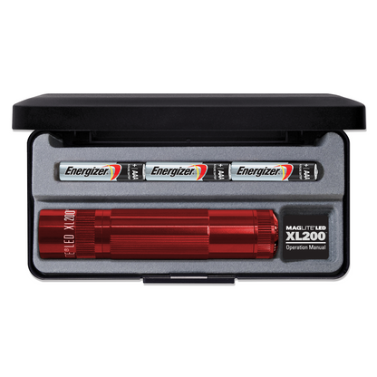 Red XL200 LED flashlight kit with three AAA batteries in a fitted case