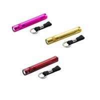 Solitaire LED keychain flashlights in pink gold and red with black woven straps.