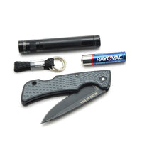 Solitaire LED flashlight bundle with a US1 Gerber knife, a Rayovac battery, and a keychain lanyard