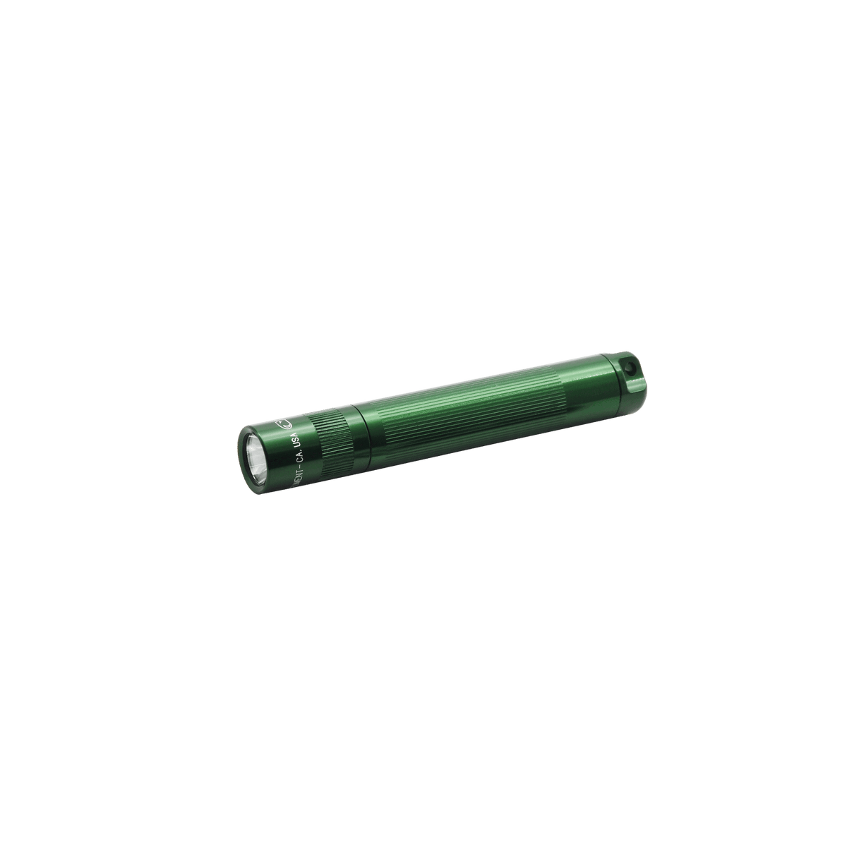Green Solitaire Classic Flashlight with knurled grip shown along the bottom edge against a black background