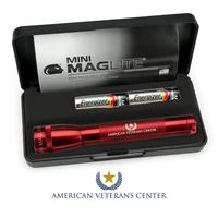 Red Mini Maglite flashlight with American Veterans Center branding in a black presentation case with two Energizer AA batteries.
