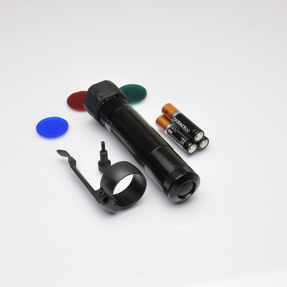 XL50 LED tactical flashlight with blue end cap and mounting hardware on a white backdrop