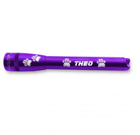 Purple Mini Maglite Pro LED flashlight with paw prints and THEO engraving