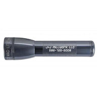 Gray ML25LT LED 2-Cell C flashlight with engraved business details along the body