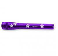 Purple Mini Maglite Pro LED flashlight with paw prints and TUCKER engraving