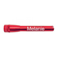 Red Mini Maglite Pro LED flashlight with Melanie engraved on its body