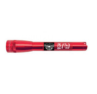 Red Mini Maglite Pro LED flashlight with custom engraving and skull emblem on the label