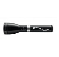 Gloss black ML150LRS rechargeable flashlight with silver band and Minerva Soriano engraving