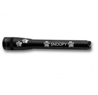 Mini Maglite Pro LED flashlight in black with paw prints and Snoopy engraving.