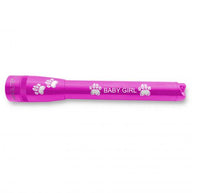 Pink Mini Maglite Pro LED flashlight with white paw prints and Baby Girl engraving