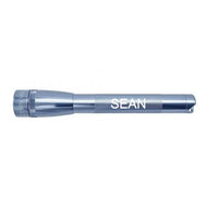 Mini Maglite Pro LED flashlight in gray with SEAN engraved on the body