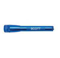 Mini Maglite Pro LED flashlight in blue with SCOTT engraved on the body