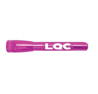 Pink Mini Maglite Pro LED flashlight with white LQC engraving