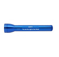 Blue ML300L LED 3-Cell D flashlight engraved with MARTY You are the Light of the World