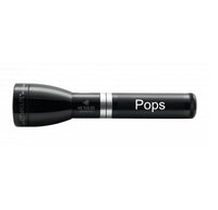 Gloss black ML150LRS rechargeable flashlight with the name Pops engraved