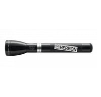 Gloss black ML150LR rechargeable LED flashlight with Herron branding on the body
