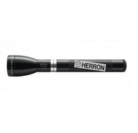 Gloss black ML150LR rechargeable LED flashlight with Herron branding along the body