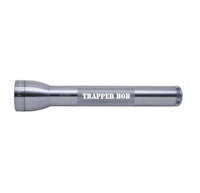 Gray ML300L 3-Cell D flashlight with Trapper Bob engraving shown in profile
