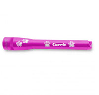 Pink Mini Maglite Pro LED flashlight with Carrie engraving and paw prints