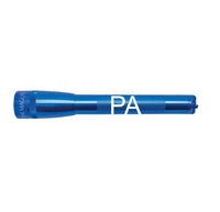 Blue Mini Maglite Pro LED flashlight with custom engraving along the body