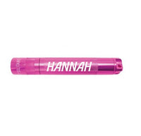 Pink Solitaire LED key chain flashlight with Hannah engraving along the body