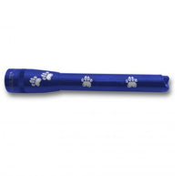 Blue Mini Maglite Pro LED flashlight with white paw print engravings along the body